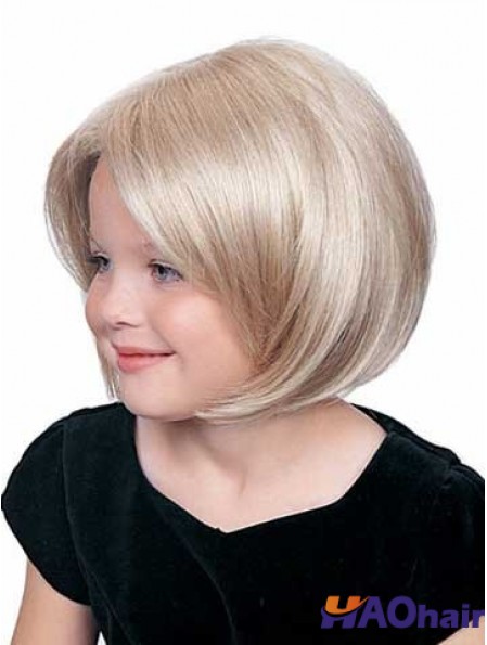 Perruque d'enfants avant de dentelle synthétique blonde de longueur de menton droite