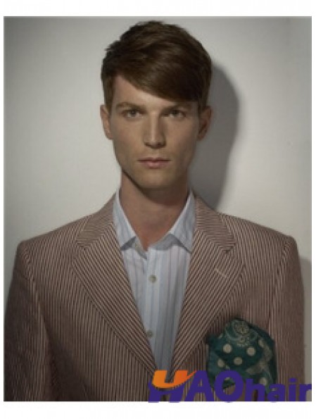 Brown 4 pouces Remy Human 100% perruque attachée à la main pour hommes