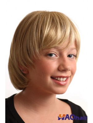 Perruques courtes droites blondes synthétiques sans capuchon pour enfants