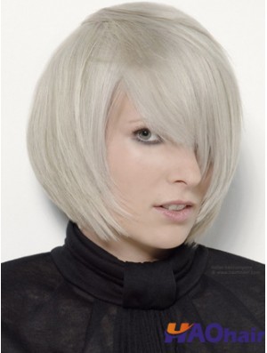 Capless gris menton longueur droite 12 pouces platine platine blonde élégante perruques de mode