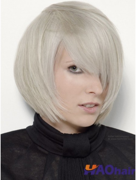 Capless gris menton longueur droite 12 pouces platine platine blonde élégante perruques de mode