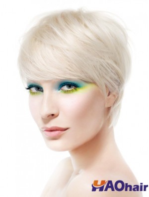 Avant de lacet Boycuts court droit 8 pouces Platinum Blonde perruques de mode douce