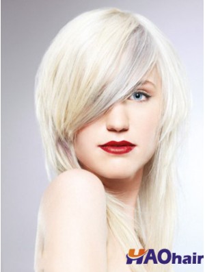 Lace Front With Bangs Long Straight 16 pouces Platinum Blonde Fashionable Fashion Fashion Wigs
