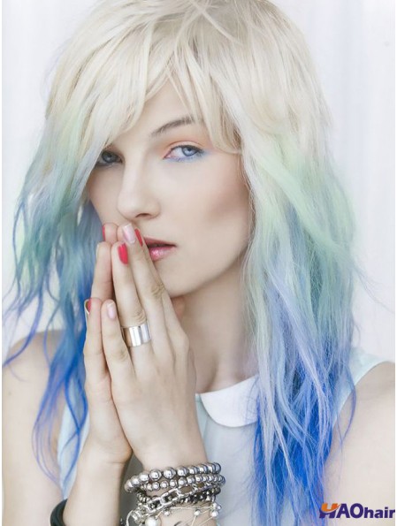 Spécial Coasply Idéal Ombre / 2 Tone Long Ondulé Avec Frange 18 pouces Humain Avant de Lacet Indien Remy Cheveux Perruques