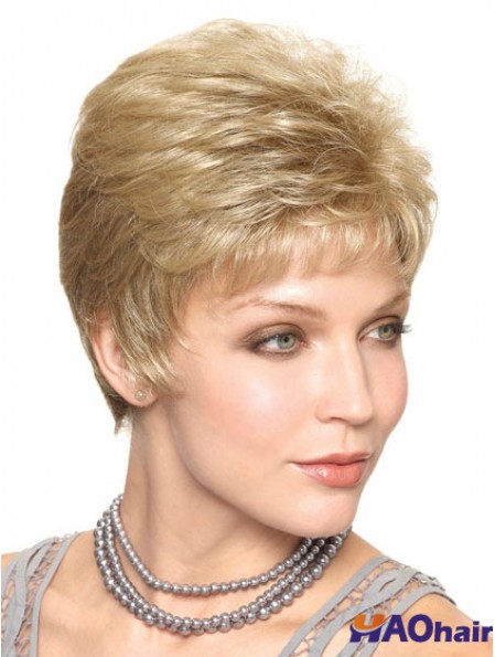 Blonde recadrée droite capless boycuts 6 pouces perruques synthétiques à la mode pour dame âgée