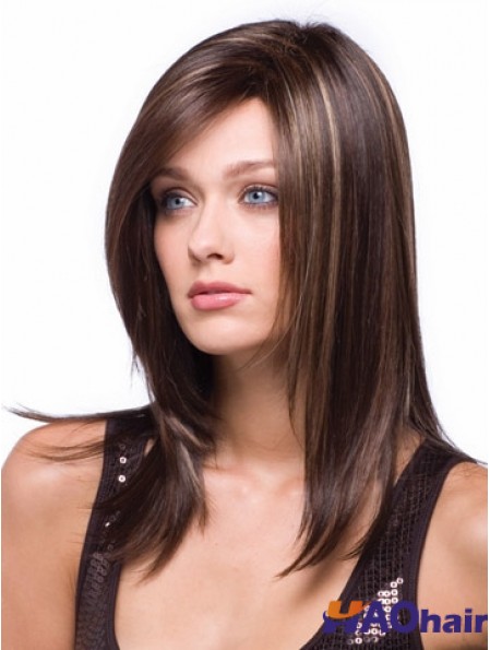 Perruque longue brune avec un style droit sans bonnet synthétique